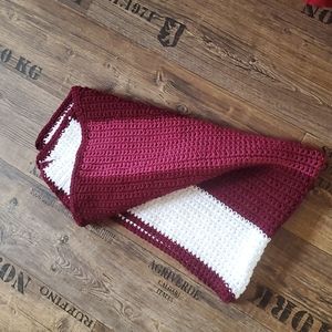 Handmade, crocheted, lap, blanket, baby blanket, throw, maroon & white, afghan